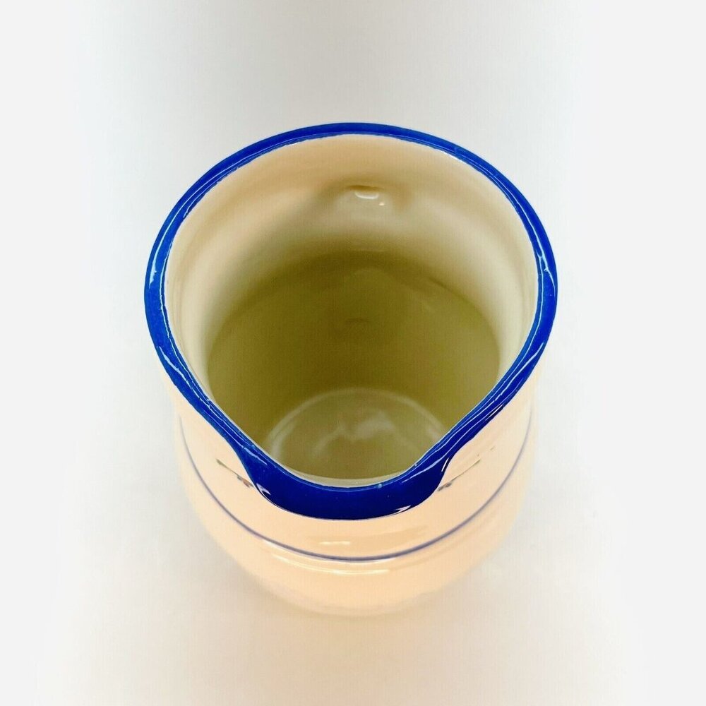 Jo-Chen Blue White Pottery Pitcher Hand Painted Blue Trim Red Hearts USA - Picture 3 of 10